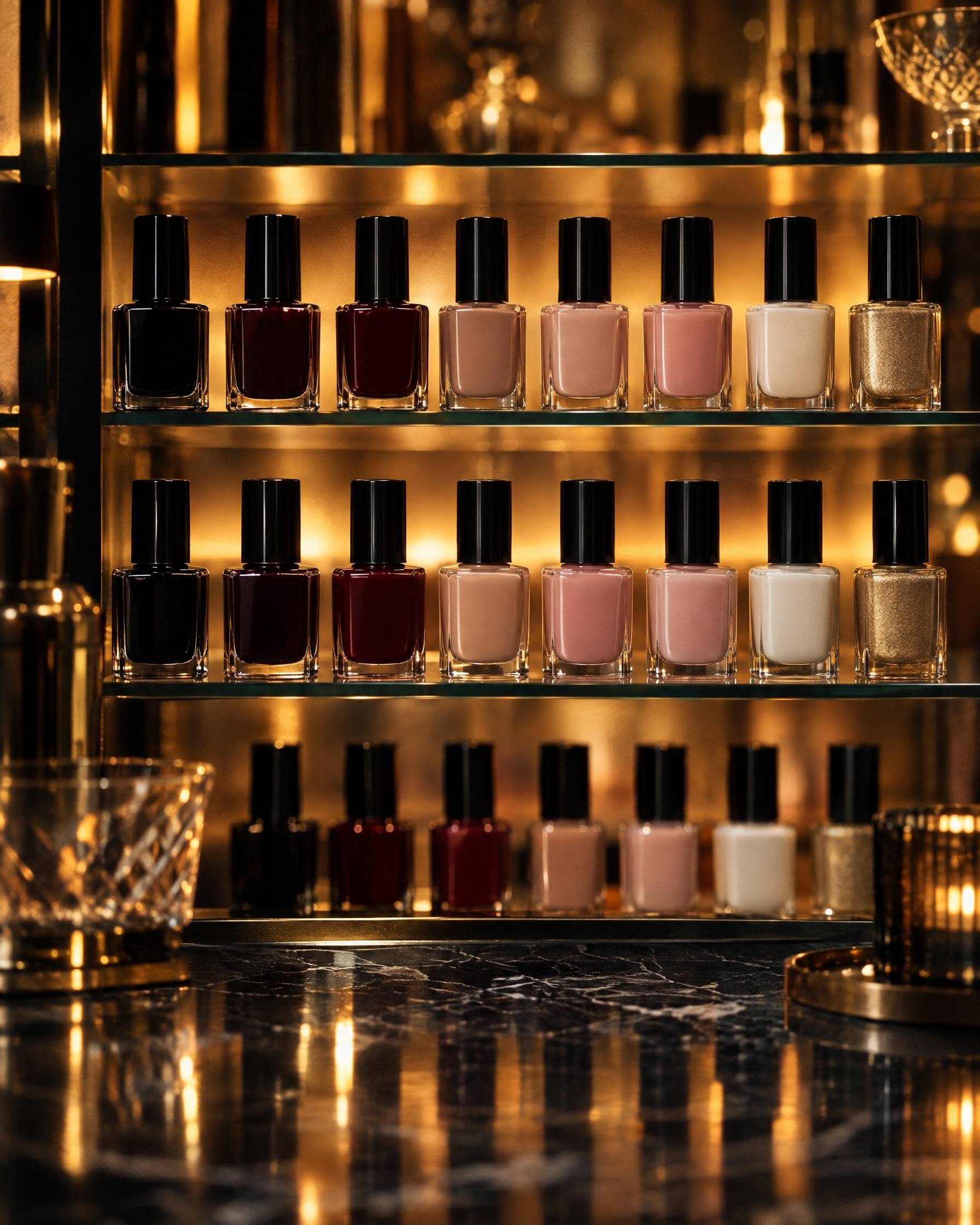 Backlit shelves of nail polish in black, oxblood, nude, pink and gold above a black marble counter